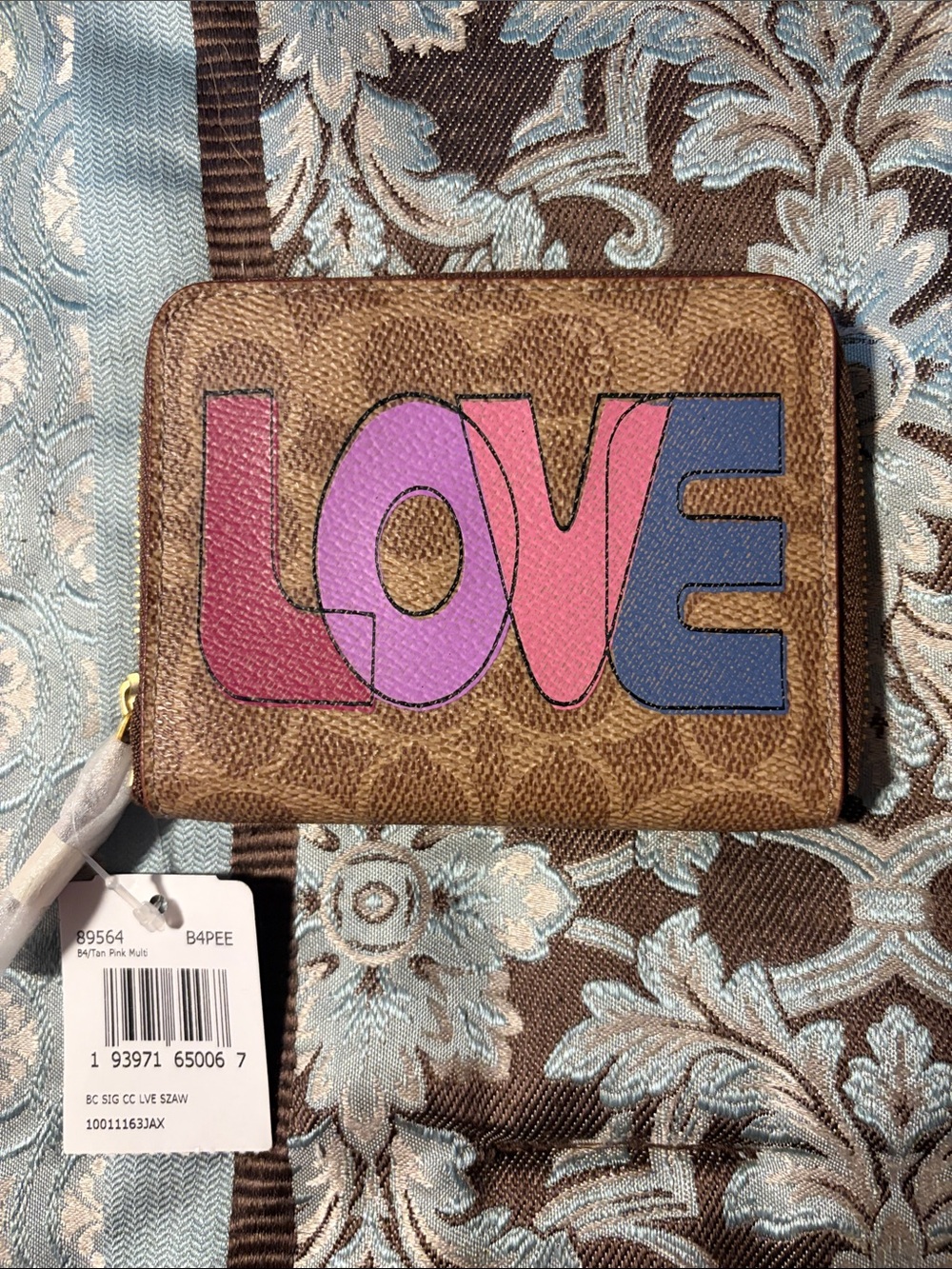 Coach Brown Signature Zip Wallet with Pink, Purple & Blue LOVE Graphic